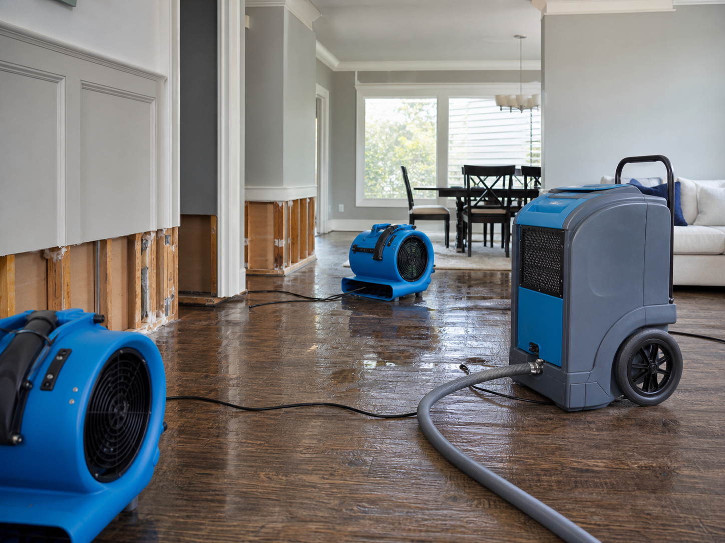 Water damage drying equipment in a home